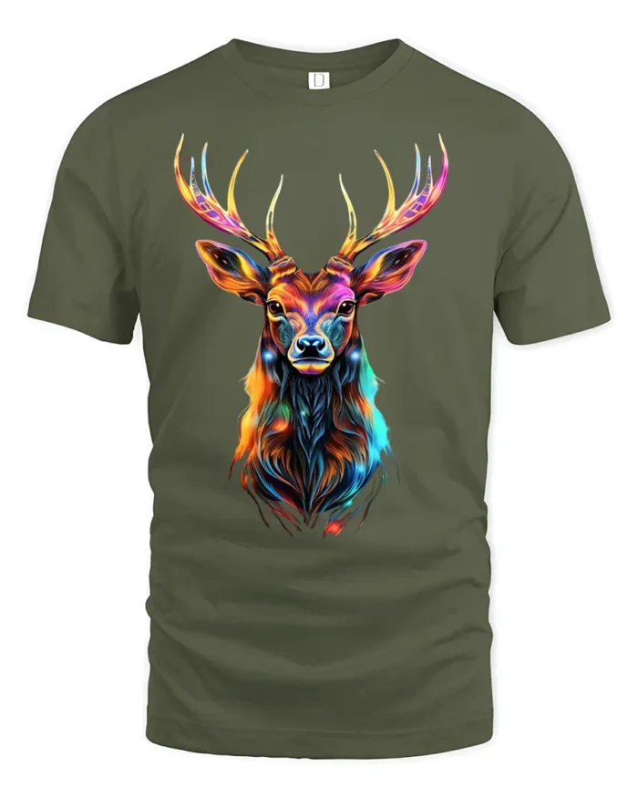 Vibrant Deer Antler T-Shirt Bold Animal Graphic Tee in Bright Rainbow Colors - military green t-shirt on white background