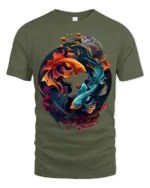 Colorful Yin Yang Fish T-Shirt  Artistic Koi Design Tee for Peace and Balance - military green t-shirt on white background