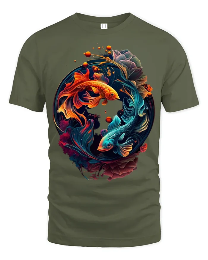 Colorful Yin Yang Fish T-Shirt  Artistic Koi Design Tee for Peace and Balance - military green t-shirt on white background