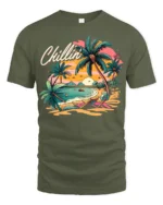 Chillin’ Beach Vibes T-Shirt Retro Palm Tree Sunset Tee for Summer Relaxation - military green t-shirt on white background