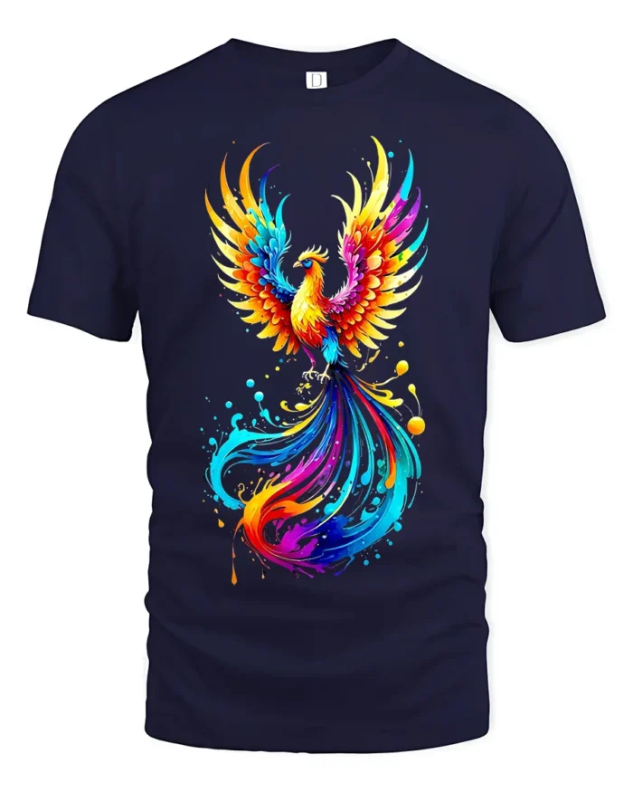 Colorful Phoenix Flame T-Shirt for Men Artistic Firebird Graphic Tee USA - navy t-shirt on white background