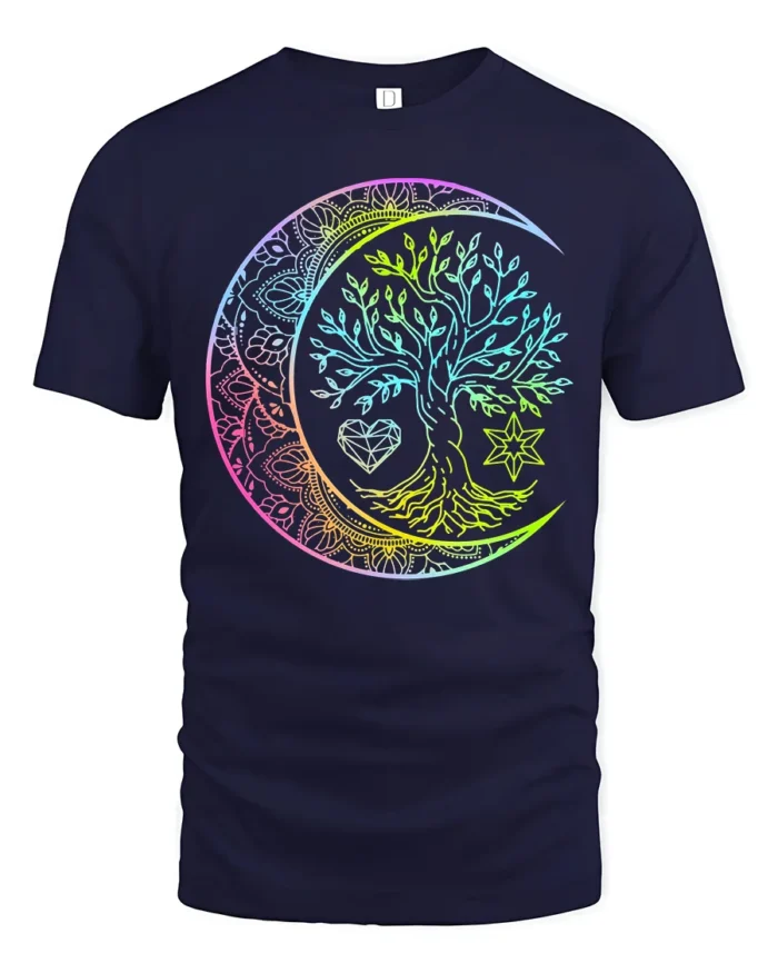 Boho Rainbow Chakra Tree of Life Yoga Zen T-Shirt Celestial Mandala Moon Tee for Free Spirits - navy t-shirt on white background