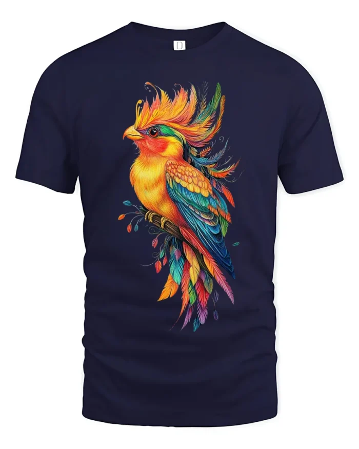 Vibrant Tropical Bird T-Shirt Colorful Artistic Parrot Tee for Nature Lovers - navy t-shirt on white background