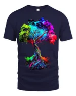 Bold Color Explosion Chakra Tree Of Life Yoga Zen T-Shirt Unique Graphic Tee for Artists and Dreamers - navy t-shirt on white background