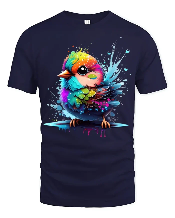 Cute Rainbow Bird Colorful Splash Art Tee for Animal and Nature Lovers - navy t-shirt on white background