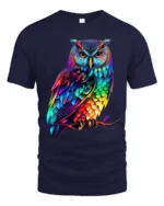 Rainbow Owl T-Shirt Striking Colorful Bird Tee for Animal Art Enthusiasts - navy t-shirt on white background