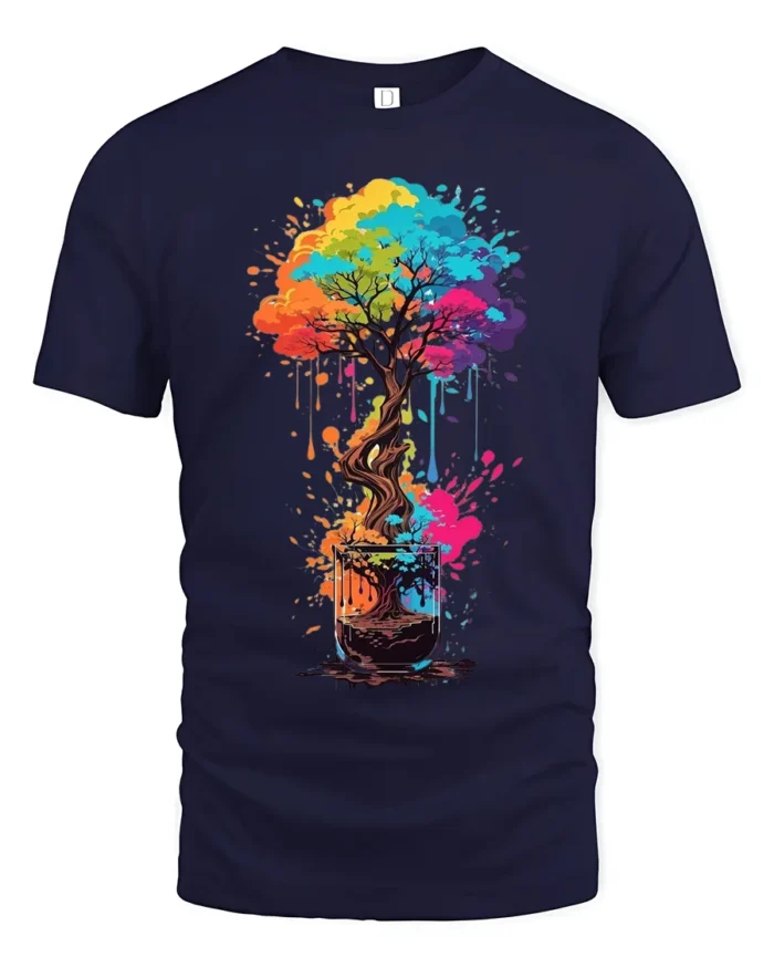 Rainbow Bonsai in a Glass T-Shirt  Artistic Nature Tee for Creative Souls - navy t-shirt on white background
