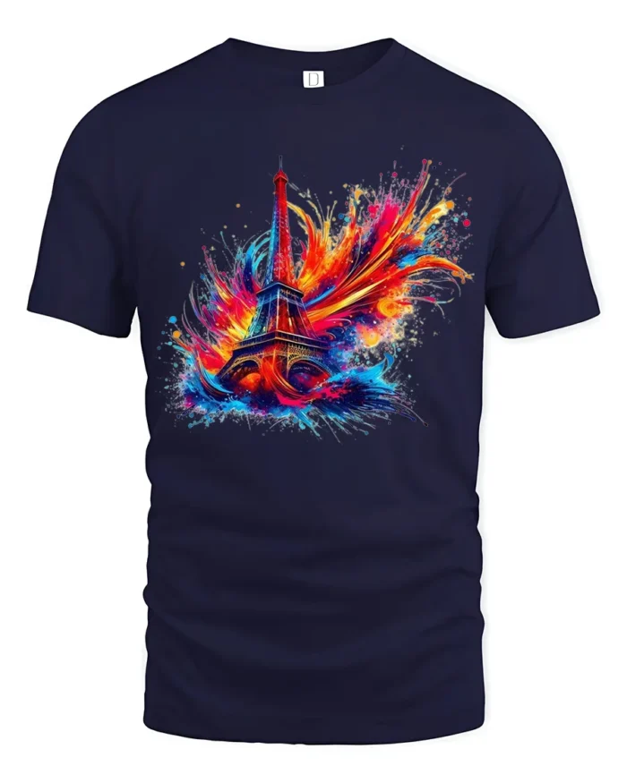 Paris Fireworks Art T-Shirt Colorful Eiffel Tower Tee for Travel and Art Lover - navy t-shirt on white background