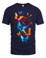 Vivid Rainbow Butterfly T-Shirt Colorful Glow Insect Tee for Nature Lovers - navy t-shirt on white background