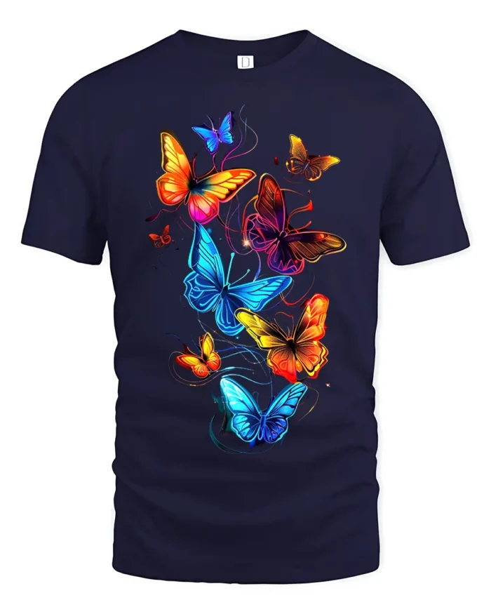 Vivid Rainbow Butterfly T-Shirt Colorful Glow Insect Tee for Nature Lovers - navy t-shirt on white background
