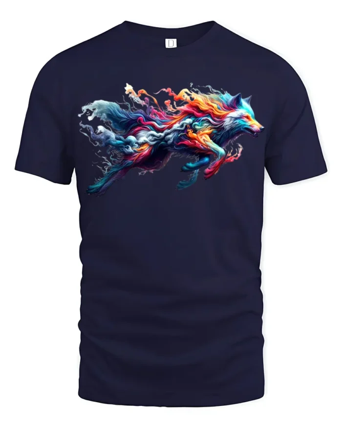Colorful Wolf T-Shirt for Men Rainbow Spirit Animal Graphic Tee USA Style - navy t-shirt on white background