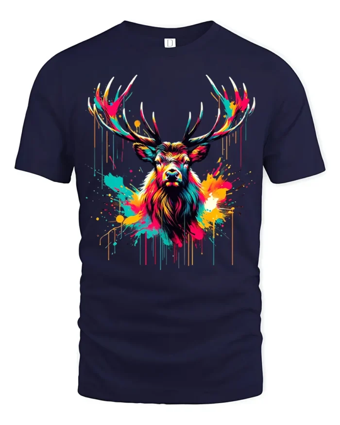 Neon Paint Stag T-Shirt  Vibrant Deer Antler Art Printed Tee - navy t-shirt on white background
