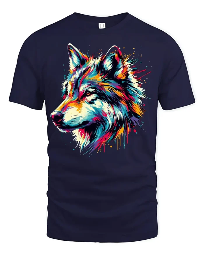 Rainbow Wolf Face T-Shirt Vibrant Graphic Tee with Artistic Detail - navy t-shirt on white background