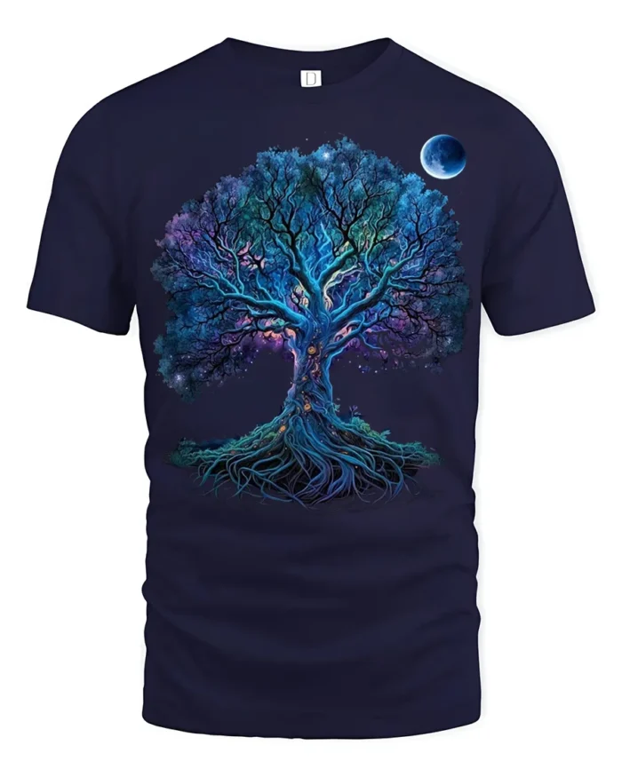Mystical Chakra Tree of Life Yoga Zen T-Shirt  Night Sky Fantasy Art Tee - navy t-shirt on white background