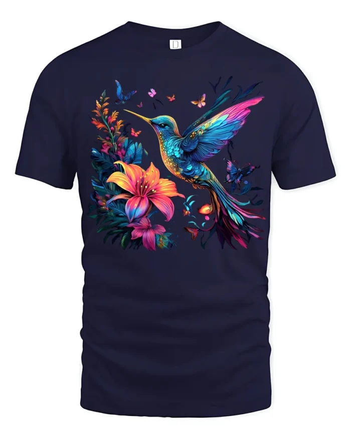 Nature Art Hummingbird T-Shirt Bright Floral Print Tee with Butterflies - navy t-shirt on white background