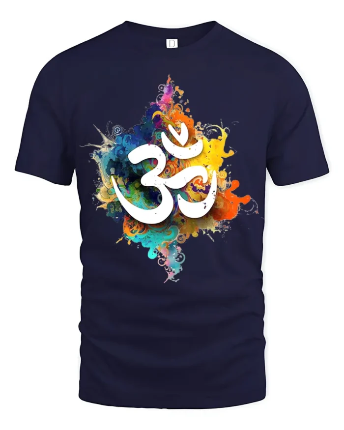 Spiritual Om Symbol T-Shirt Vibrant Color Splash Yoga Zen Tee for Mindfulness - navy t-shirt on white background
