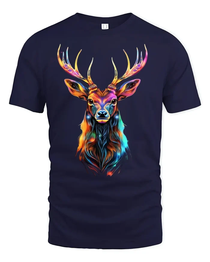Vibrant Deer Antler T-Shirt Bold Animal Graphic Tee in Bright Rainbow Colors - navy t-shirt on white background