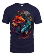 Colorful Yin Yang Fish T-Shirt  Artistic Koi Design Tee for Peace and Balance - navy t-shirt on white background