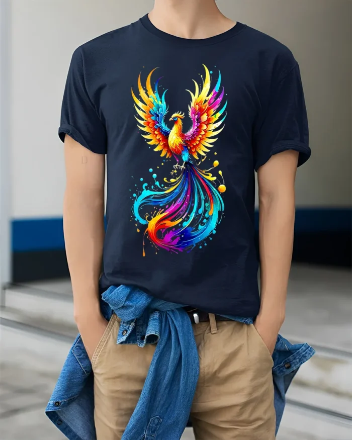 Colorful Phoenix Flame T-Shirt for Men Artistic Firebird Graphic Tee USA - model wearing navy shirt, hands in pockets
