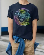 Boho Rainbow Chakra Tree of Life Yoga Zen T-Shirt Celestial Mandala Moon Tee for Free Spirits - model wearing navy shirt, hands in pockets