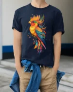 Vibrant Tropical Bird T-Shirt Colorful Artistic Parrot Tee for Nature Lovers - model wearing navy shirt, hands in pockets