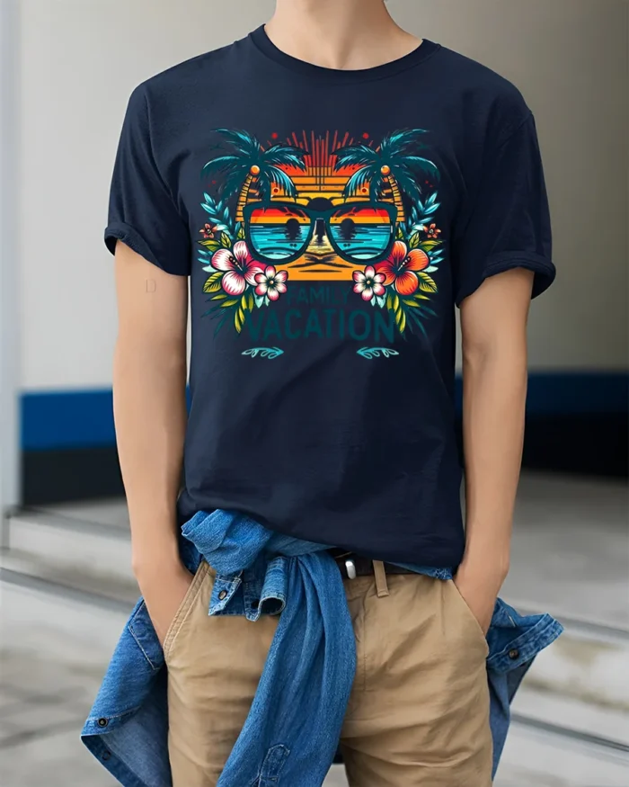 Tropical Family Vacation T-Shirt  Matching Summer Beach Trip Tee for Groups - model wearing navy shirt, hands in pockets
