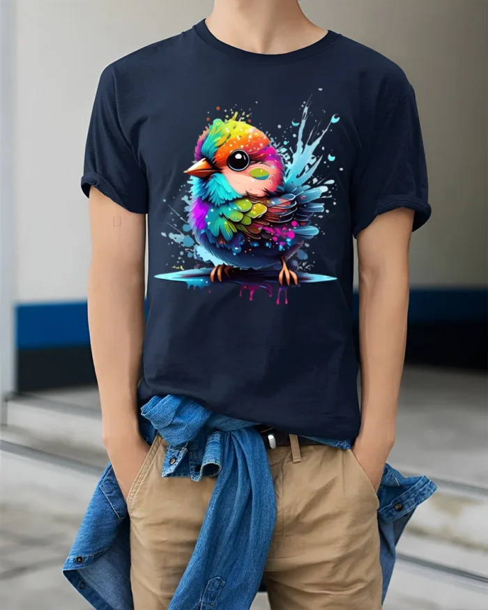 Cute Rainbow Bird Colorful Splash Art Tee for Animal and Nature Lovers - model wearing navy shirt, hands in pockets