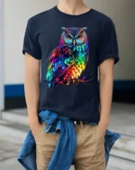 Rainbow Owl T-Shirt Striking Colorful Bird Tee for Animal Art Enthusiasts - model wearing navy shirt, hands in pockets