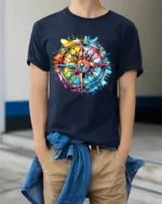 Explore More T-Shirt Bold Compass Graphic Tee for Travelers and Dreamers - model wearing navy shirt, hands in pockets