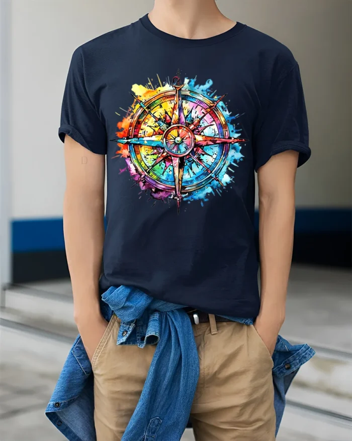 Explore More T-Shirt Bold Compass Graphic Tee for Travelers and Dreamers - model wearing navy shirt, hands in pockets