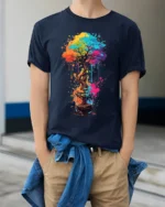 Rainbow Bonsai in a Glass T-Shirt Artistic Nature Tee for Creative Souls - model wearing navy shirt, hands in pockets