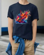 Paris Fireworks Art T-Shirt Colorful Eiffel Tower Tee for Travel and Art Lover - model wearing navy shirt, hands in pockets