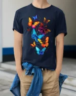 Vivid Rainbow Butterfly T-Shirt Colorful Glow Insect Tee for Nature Lovers - model wearing navy shirt, hands in pockets