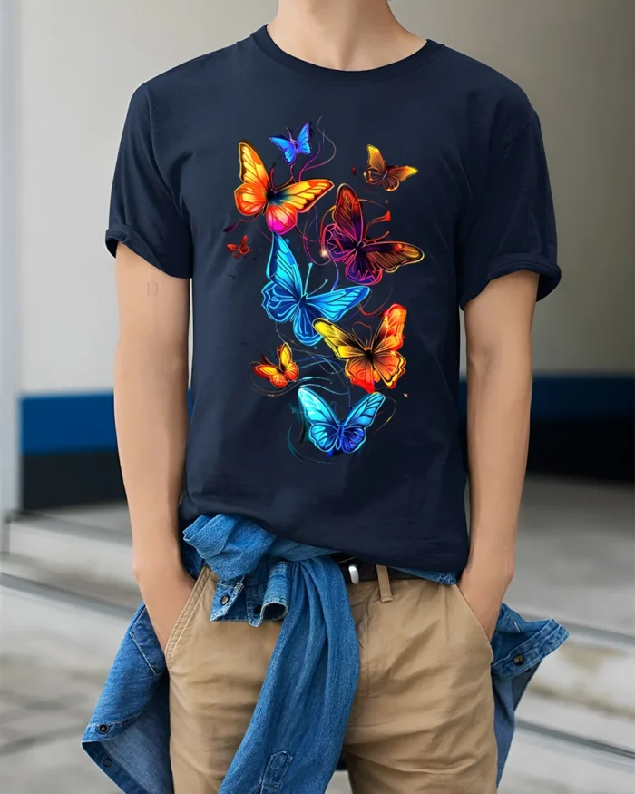 Vivid Rainbow Butterfly T-Shirt Colorful Glow Insect Tee for Nature Lovers - model wearing navy shirt, hands in pockets