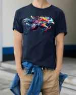 Colorful Wolf T-Shirt for Men Rainbow Spirit Animal Graphic Tee USA Style - model wearing navy shirt, hands in pockets