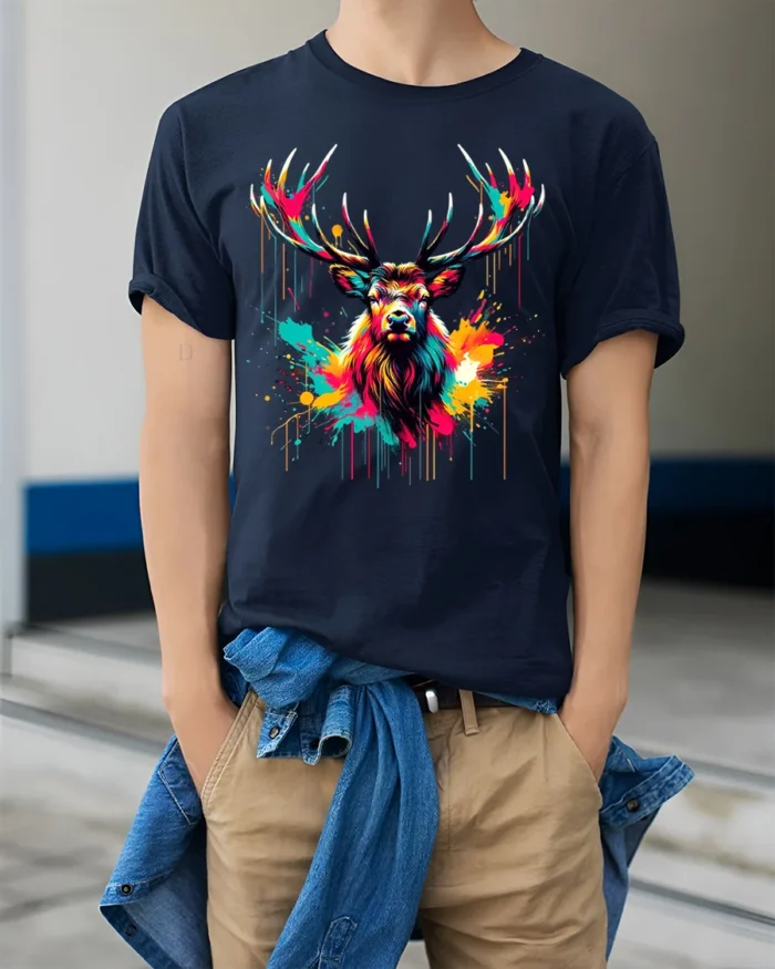 Neon Paint Stag T-Shirt  Vibrant Deer Antler Art Printed Tee - model wearing navy shirt, hands in pockets