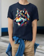 Rainbow Wolf Face T-Shirt Vibrant Graphic Tee with Artistic Detail - model wearing navy shirt, hands in pockets