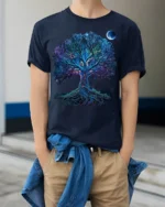 Mystical Chakra Tree of Life Yoga Zen T-Shirt Night Sky Fantasy Art Tee - model wearing navy shirt, hands in pockets