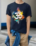 Spiritual Om Symbol T-Shirt Vibrant Color Splash Yoga Zen Tee for Mindfulness - model wearing navy shirt, hands in pockets