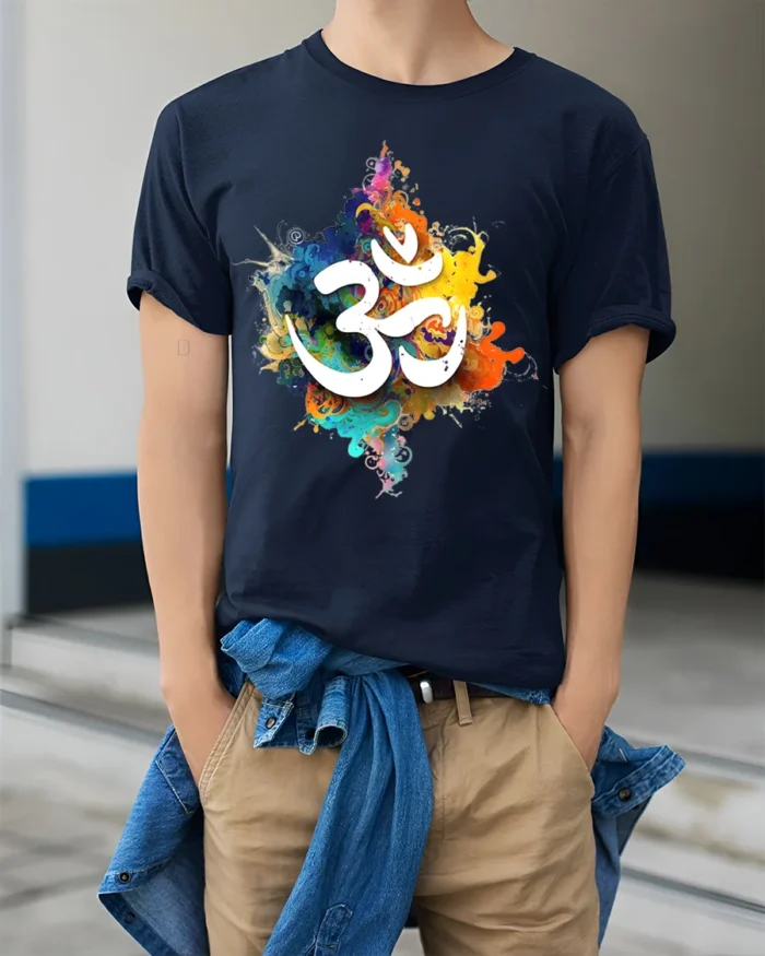 Spiritual Om Symbol T-Shirt Vibrant Color Splash Yoga Zen Tee for Mindfulness - model wearing navy shirt, hands in pockets
