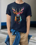 Vibrant Deer Antler T-Shirt Bold Animal Graphic Tee in Bright Rainbow Colors - model wearing navy shirt, hands in pockets