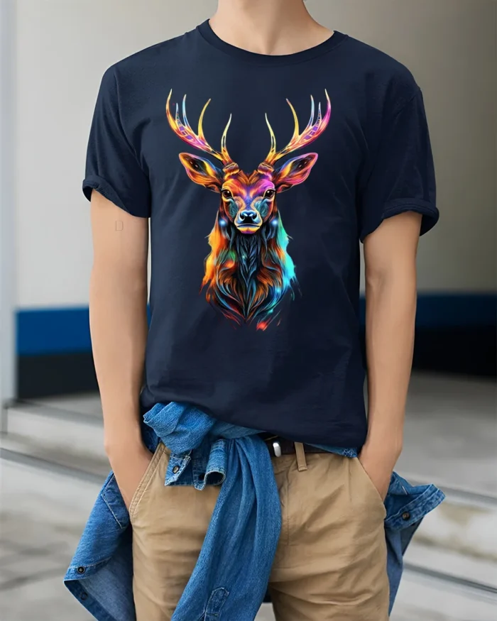 Vibrant Deer Antler T-Shirt Bold Animal Graphic Tee in Bright Rainbow Colors - model wearing navy shirt, hands in pockets