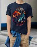 Colorful Yin Yang Fish T-Shirt  Artistic Koi Design Tee for Peace and Balance - model wearing navy shirt, hands in pockets
