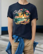 Chillin’ Beach Vibes T-Shirt Retro Palm Tree Sunset Tee for Summer Relaxation - model wearing navy shirt, hands in pockets