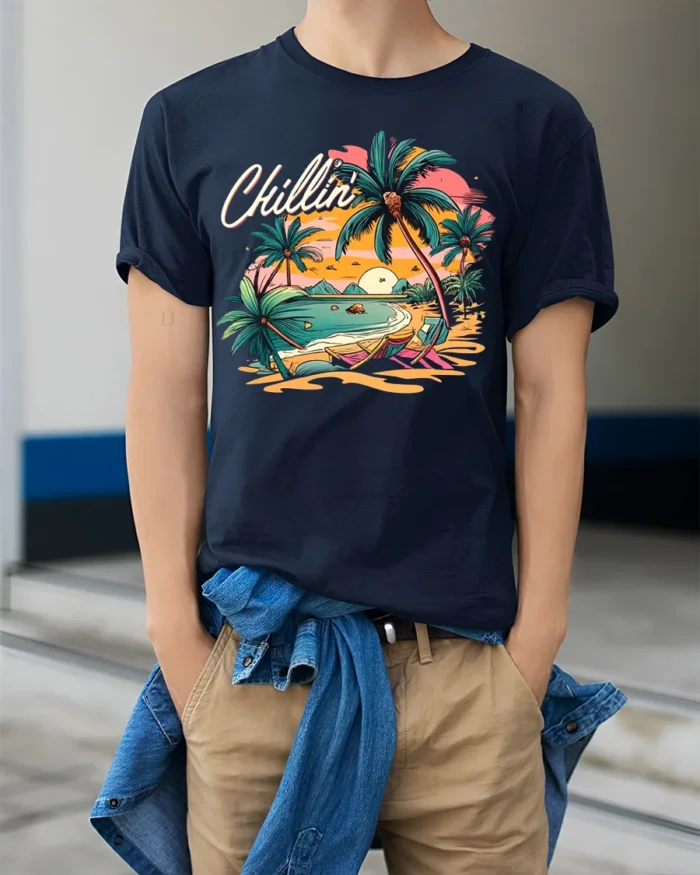Chillin’ Beach Vibes T-Shirt Retro Palm Tree Sunset Tee for Summer Relaxation - model wearing navy shirt, hands in pockets