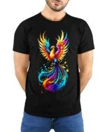 Colorful Phoenix Flame T-Shirt for Men Artistic Firebird Graphic Tee USA - model wearing black shirt, hands behind back
