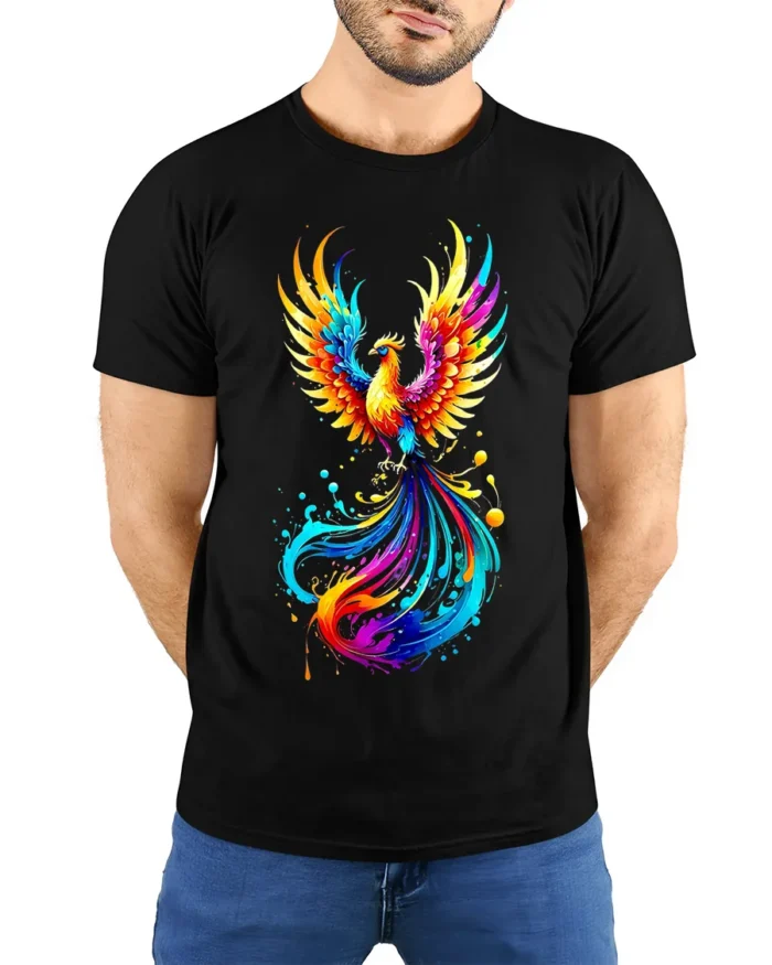 Colorful Phoenix Flame T-Shirt for Men Artistic Firebird Graphic Tee USA - model wearing black shirt, hands behind back