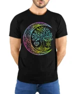 Boho Rainbow Chakra Tree of Life Yoga Zen T-Shirt Celestial Mandala Moon Tee for Free Spirits - model wearing black shirt, hands behind back