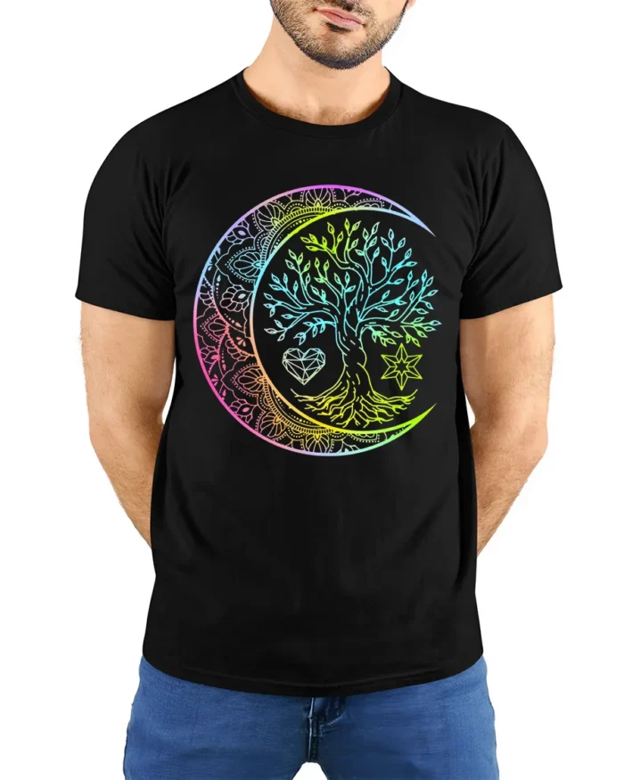 Boho Rainbow Chakra Tree of Life Yoga Zen T-Shirt Celestial Mandala Moon Tee for Free Spirits - model wearing black shirt, hands behind back