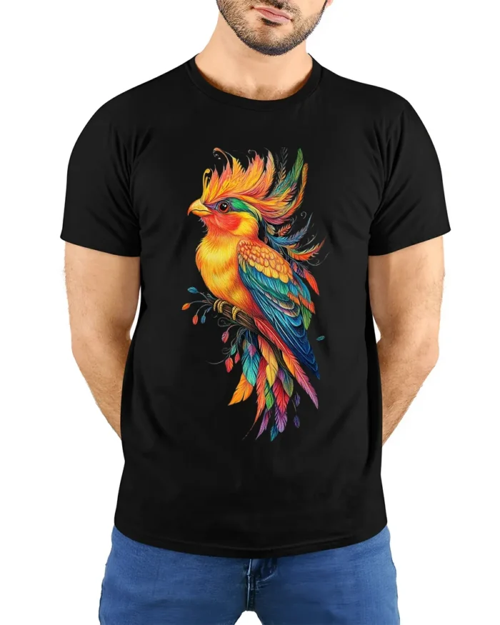 Vibrant Tropical Bird T-Shirt Colorful Artistic Parrot Tee for Nature Lovers - model wearing black shirt, hands behind back